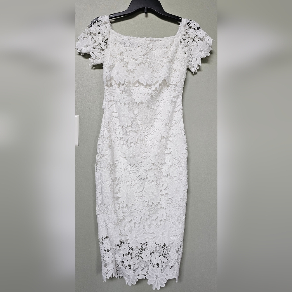 EILLY BAZAR Women's Guipure Lace Slit Hem Off The Shoulder Dress WHITE XS - Picture 2 of 9